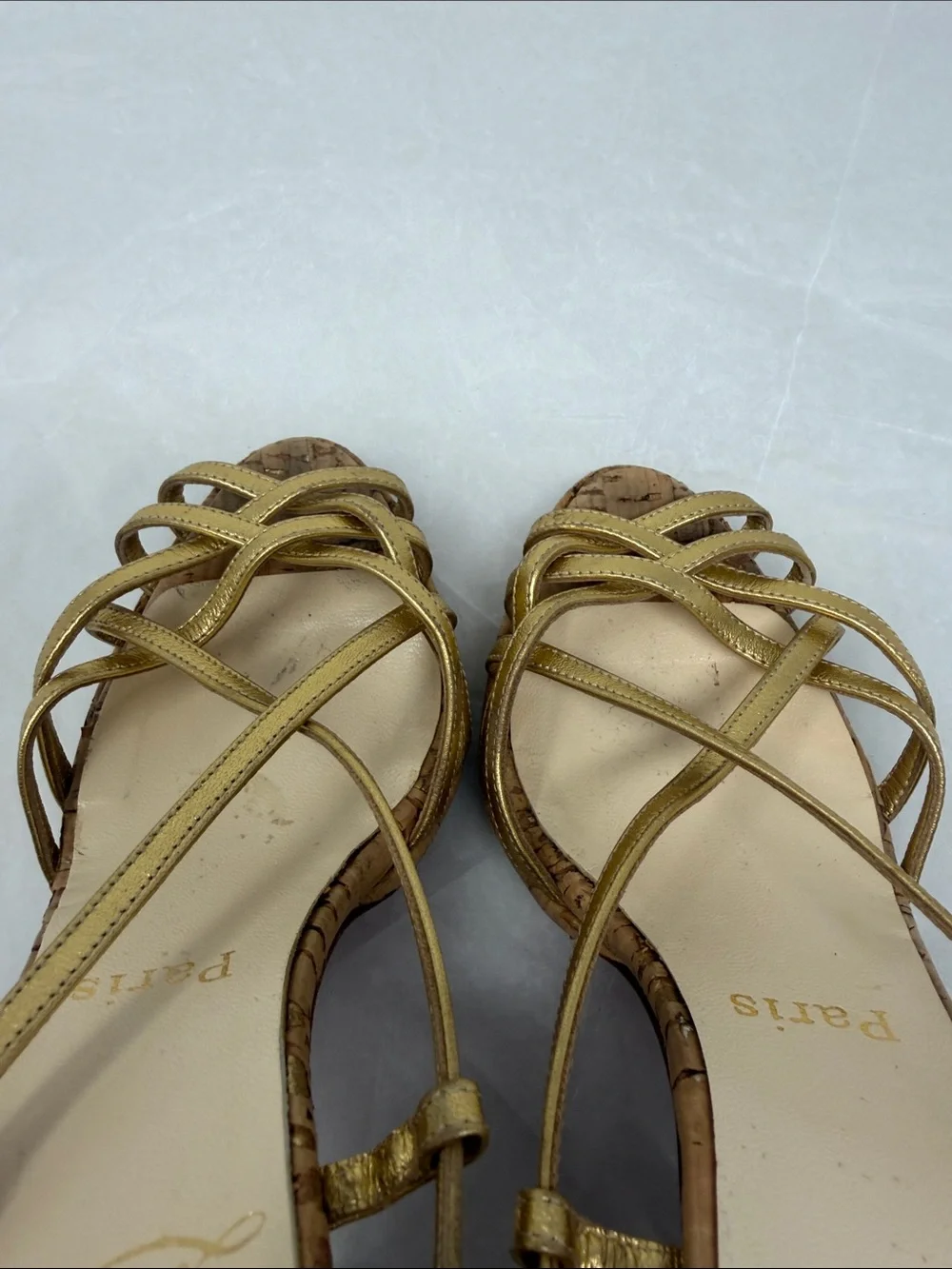 Christian Louboutin Metallic Gold Strappy Cork Platform Heels